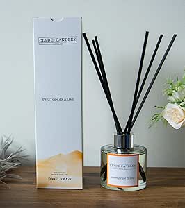 Sweet Ginger & Lime Reed Diffuser - Clyde Candles, Luxury Diffuser Oil with a Set of 7 Fibre Sticks, Best Aroma Scent for Home, Kitchen, Living Room, Bathroom. Fragrance Diffusers set with sticks