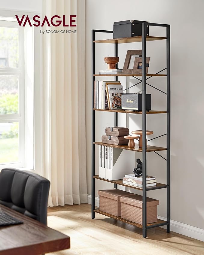 VASAGLE 6-Tier Bookshelf, Bookcase, Shelving Unit, for Office, Study, Living Room, Bedroom, 30 x 80 x 186 cm, Industrial, Rustic Brown and Ink Black LLS082B01