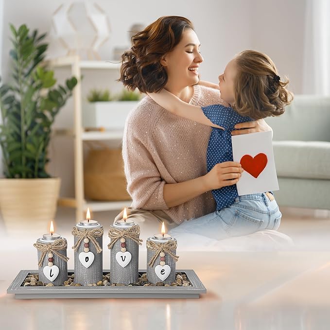 GoMaihe Candle Holder Set of 4 with Wodden Tray, Tealight Holders Candlestick Holder, Table Centerpiece Home Decor Living Room Bedroom Decoration Mum Gift Birthday Wedding Christmas Party