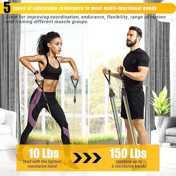 COFOF Resistance Bands Set with Handles, Exercise Bands Stackable up to 150lbs, Gym Bands with Workout Poster & Door Anchor & Ankle Straps for Fitness, Strength, Yoga, Home Gym Equipment for Men Women
