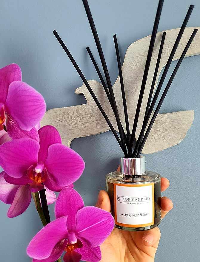 Sweet Ginger & Lime Reed Diffuser - Clyde Candles, Luxury Diffuser Oil with a Set of 7 Fibre Sticks, Best Aroma Scent for Home, Kitchen, Living Room, Bathroom. Fragrance Diffusers set with sticks