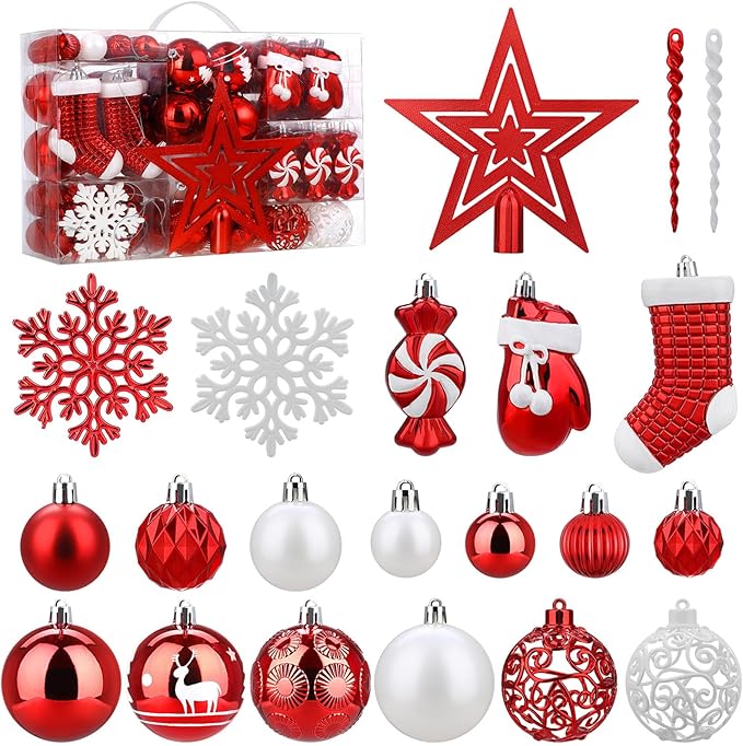 Beautiful Christmas tree baubles set featuring red, gold, and silver ornaments – perfect for decorating your holiday tree with festive, elegant and sparkling charm.